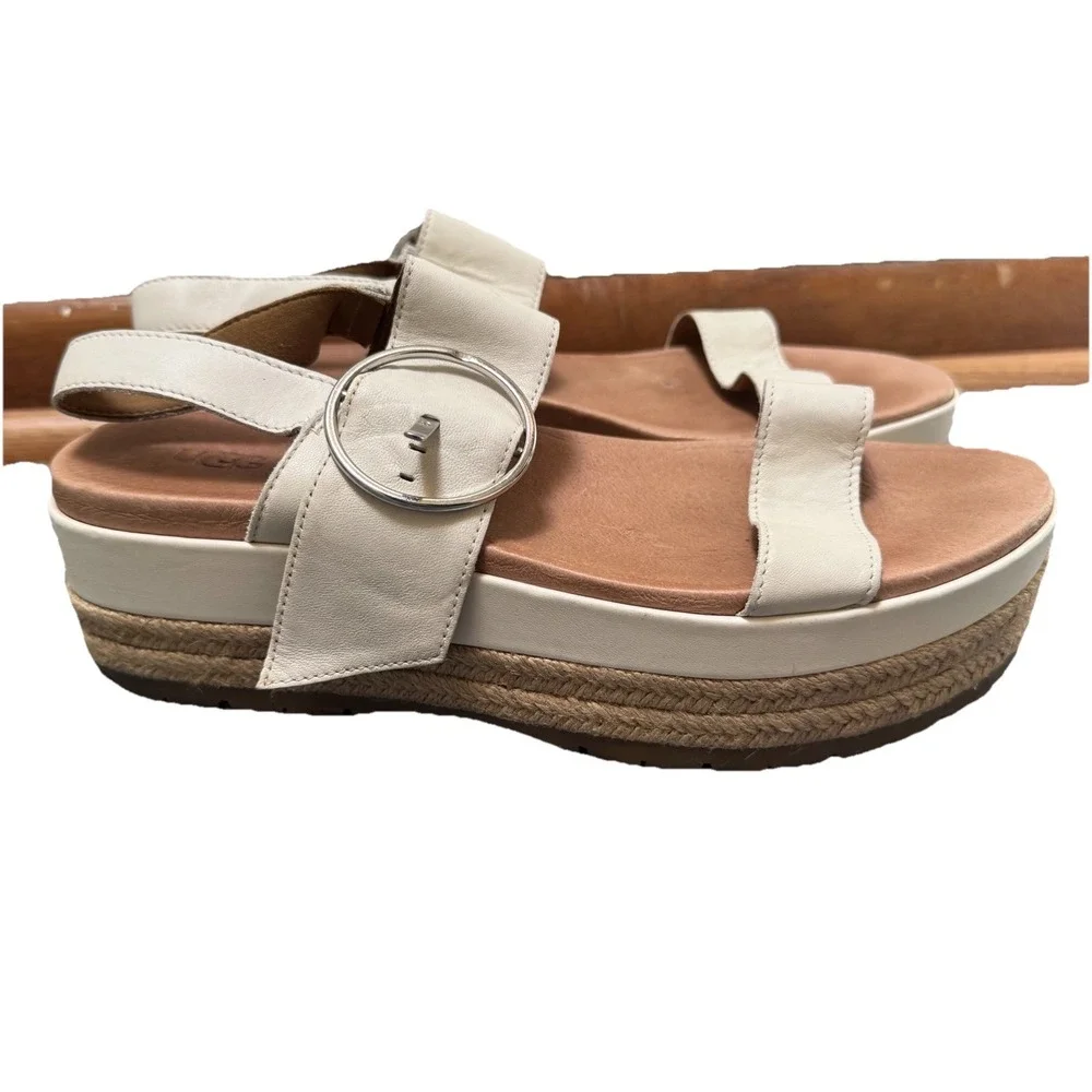 UGG April Espadrille Cream Leather Open Toe Platform Buckle Sandal Shoe 10.5